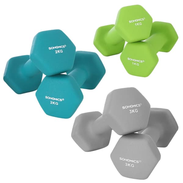 Hex hantlar set med stativ - 2 x 1 kg, 2 x 2 kg, 2 x 3 kg, matt neoprenfinish, handvikter för hemmaträning, Lime, Teal och ljusgrå SYL612GN
