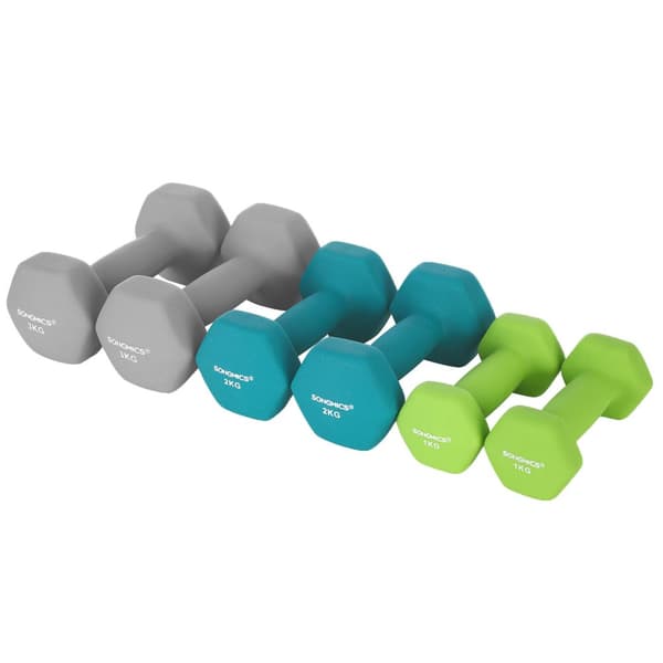 Hex hantlar set med stativ - 2 x 1 kg, 2 x 2 kg, 2 x 3 kg, matt neoprenfinish, handvikter för hemmaträning, Lime, Teal och ljusgrå SYL612GN
