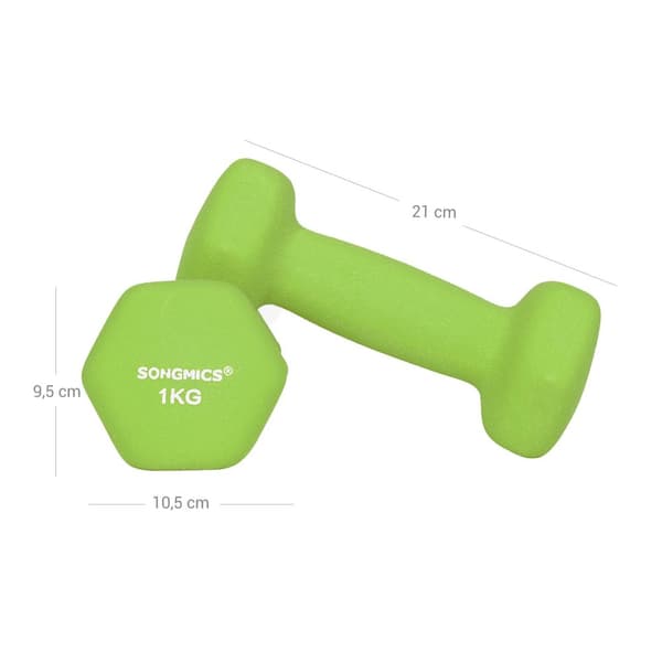Hex hantlar set med stativ - 2 x 1 kg, 2 x 2 kg, 2 x 3 kg, matt neoprenfinish, handvikter för hemmaträning, Lime, Teal och ljusgrå SYL612GN