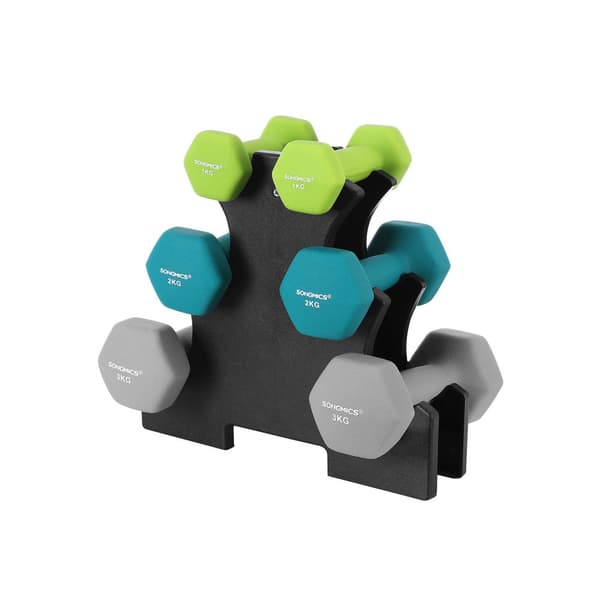 Hex hantlar set med stativ - 2 x 1 kg, 2 x 2 kg, 2 x 3 kg, matt neoprenfinish, handvikter för hemmaträning, Lime, Teal och ljusgrå SYL612GN