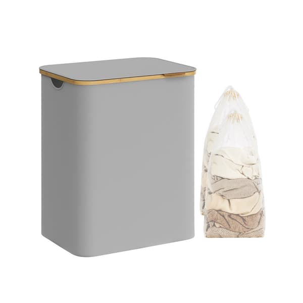 Tvättkorg med lock, 2-delad stor tvättkorg, 130L, avtagbart nätfoder, Oxford-tyg, bambuhandtag, hopfällbar, 52 x 38,5 x 70,5 cm, Dove Grey LCB513G01