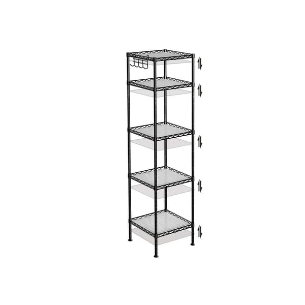 Badeværelseshylde, metalopbevaringsreol, total belastningskapacitet 100 kg, med 5 PP-ark, aftagelige kroge, 30 x 30 x 123,5 cm, udvideligt design, ti