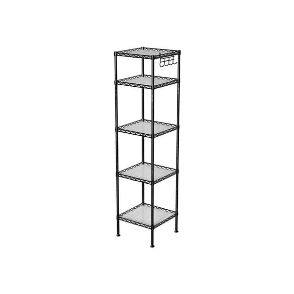 Badeværelseshylde, metalopbevaringsreol, total belastningskapacitet 100 kg, med 5 PP-ark, aftagelige kroge, 30 x 30 x 123,5 cm, udvideligt design, ti