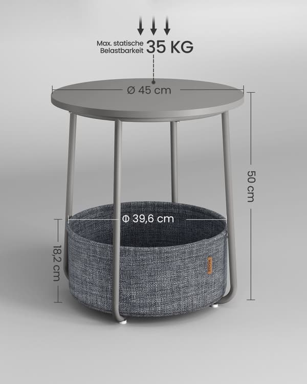 Pieni pyöreä sivupääty, moderni yöpöytä, jossa kangaskori, yöpöytä olohuoneeseen, makuuhuoneeseen, kyyhkynharmaa + liuskekivenharmaa
