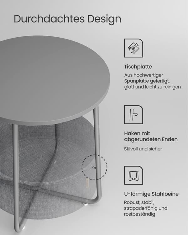 Pieni pyöreä sivupääty, moderni yöpöytä, jossa kangaskori, yöpöytä olohuoneeseen, makuuhuoneeseen, kyyhkynharmaa + liuskekivenharmaa