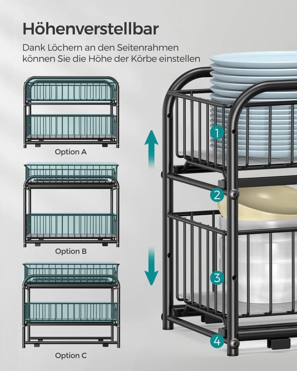 Skabsorganisator, 2-trins opbevaringsorganisator under vask med glidende kurvskuffer, stabelbar skabsorganisator til køkken, badeværelse, klassisk so