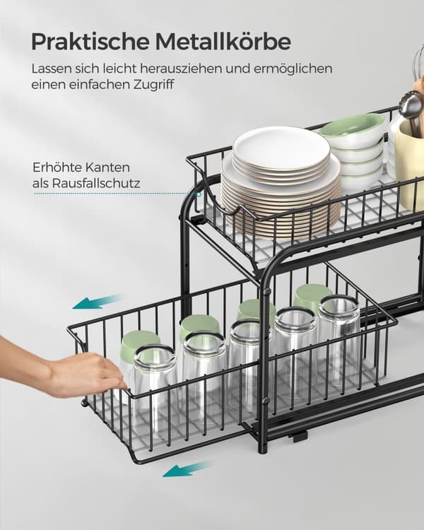 Skabsorganisator, 2-trins opbevaringsorganisator under vask med glidende kurvskuffer, stabelbar skabsorganisator til køkken, badeværelse, klassisk so