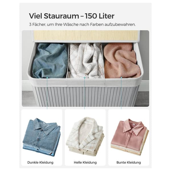 Pyykkikorin kori, jossa on 3 osiota, kiinnitettävä kansi ja kahvat, 150L kokoontaitettava, pesuhuoneeseen, makuuhuoneeseen, kylpyhuoneeseen, harmaa L