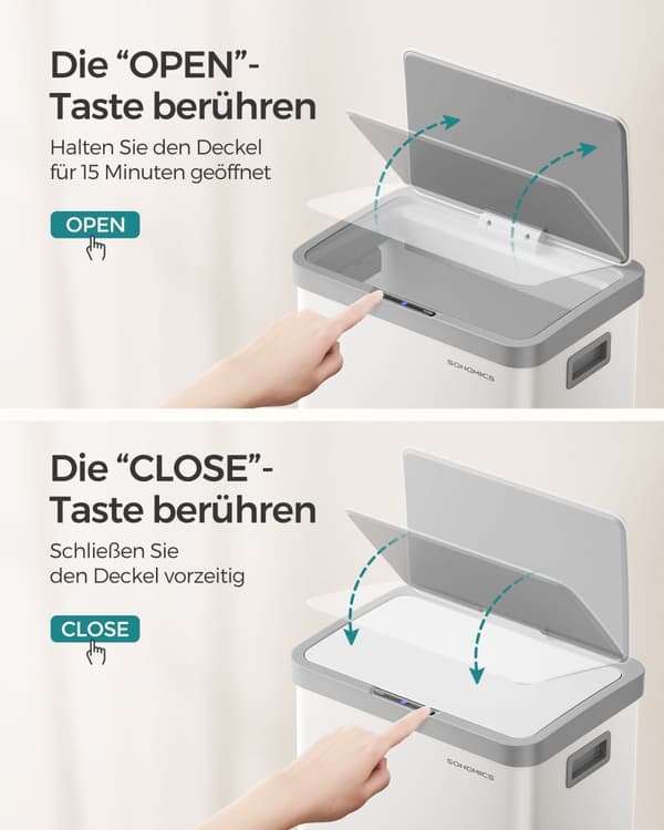 papperskorg med rörelsesensor, kökspapperskorg 68 L, automatisk, mjukstängande lock, håll öppen-funktion, stål, 15 soppåsar ingår, molnvit