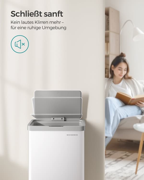 papperskorg med rörelsesensor, kökspapperskorg 68 L, automatisk, mjukstängande lock, håll öppen-funktion, stål, 15 soppåsar ingår, molnvit