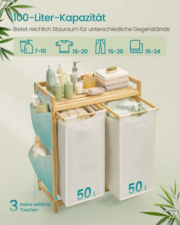 Tvättkorg med 2 fack, tvättkorg i bambu, 100 liters kapacitet med hylla, sidofickor, 2 x 50 L, 63 x 33 x 78 cm, Cream White