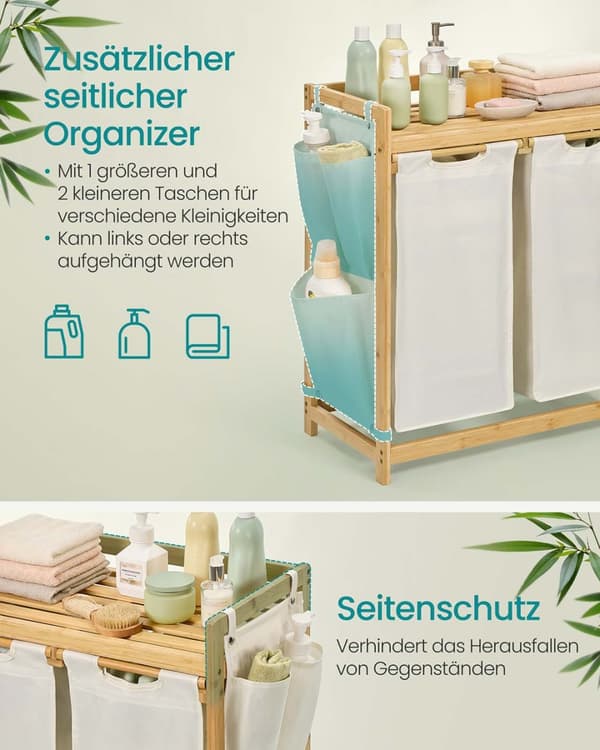 Tvättkorg med 2 fack, tvättkorg i bambu, 100 liters kapacitet med hylla, sidofickor, 2 x 50 L, 63 x 33 x 78 cm, Cream White