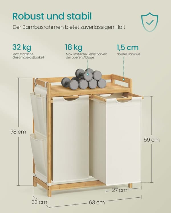 Tvättkorg med 2 fack, tvättkorg i bambu, 100 liters kapacitet med hylla, sidofickor, 2 x 50 L, 63 x 33 x 78 cm, Cream White