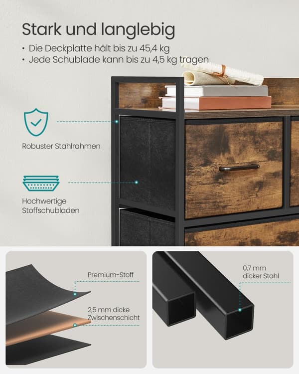 Byrå för sovrum, 5 lådor i tyg med handtag, förvaringsmöbel, för vardagsrum, hall, stålram, rustik brun och bläcksvart