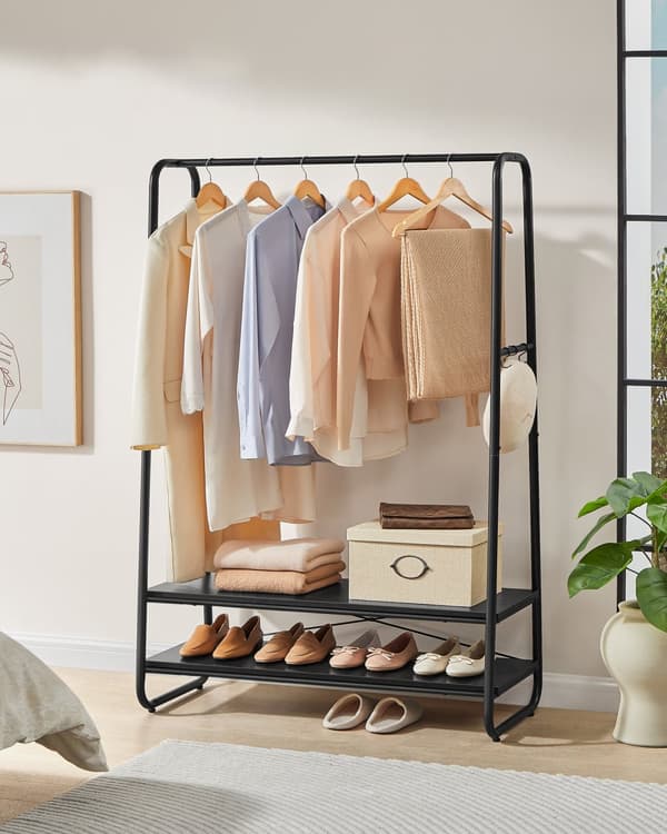 Tøjstativ, knagerække, garderobeskab, garderobe, med 2 hylder, 6 S-formede kroge, stålramme, til soveværelset, træsort og matsort