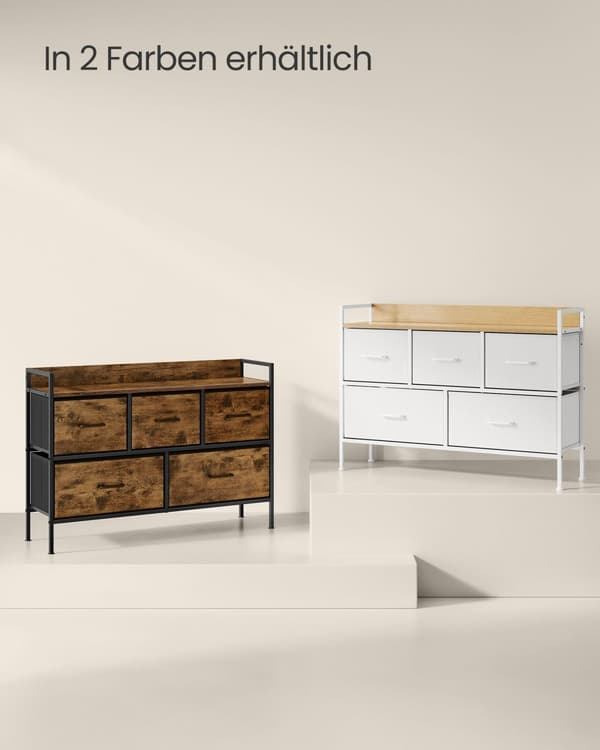 Kommod, Armoire, Meuble de Rangement, 5 Tiroirs en Tissu avec Poignées, Cadre en Métal, Style Moderne, Blanc Nuage et Beige Chêne