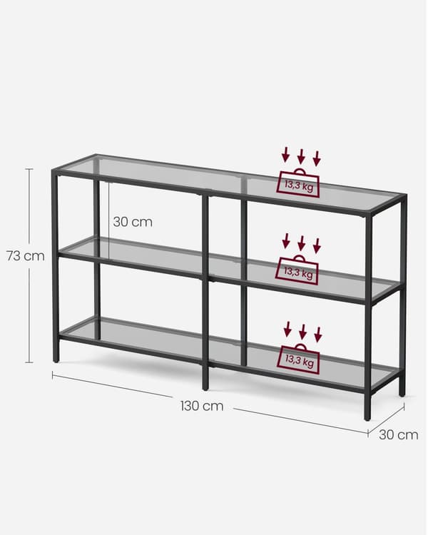Konsolbord med 3 hylder i hærdet glas