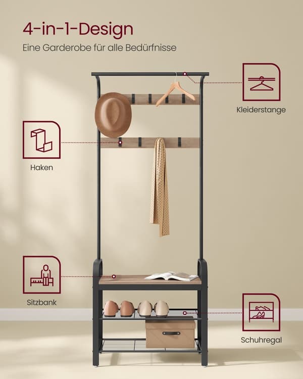 Knagerække, frakkestativ med bænk til skoopbevaring, 4-i-1-design, med 9 aftagelige kroge, en tøjstang, til gang, indgang, 34 x 72 x 183 cm, industri