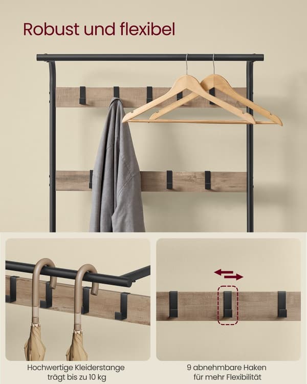 Knagerække, frakkestativ med bænk til skoopbevaring, 4-i-1-design, med 9 aftagelige kroge, en tøjstang, til gang, indgang, 34 x 72 x 183 cm, industri