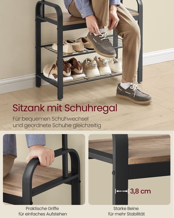 Knagerække, frakkestativ med bænk til skoopbevaring, 4-i-1-design, med 9 aftagelige kroge, en tøjstang, til gang, indgang, 34 x 72 x 183 cm, industri