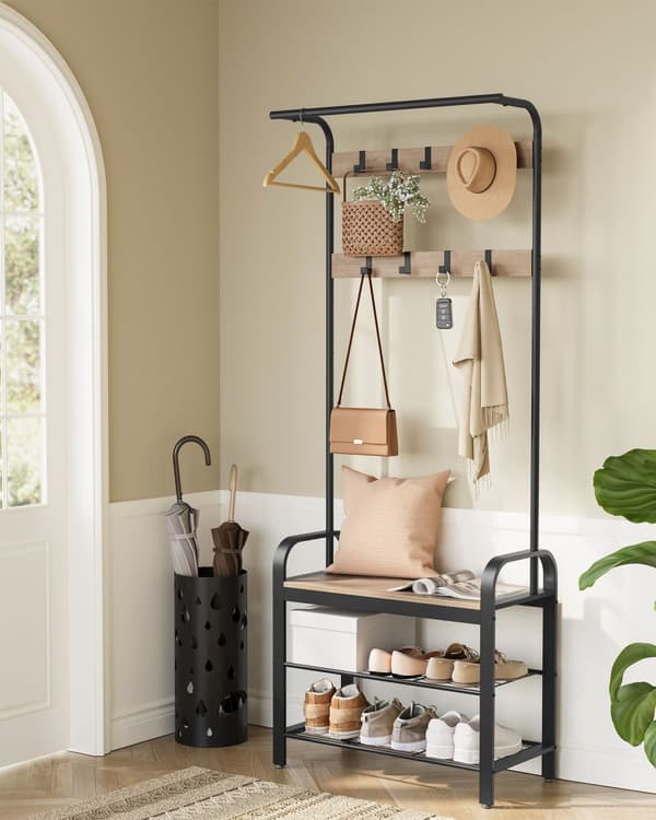 Knagerække, frakkestativ med bænk til skoopbevaring, 4-i-1-design, med 9 aftagelige kroge, en tøjstang, til gang, indgang, 34 x 72 x 183 cm, industri