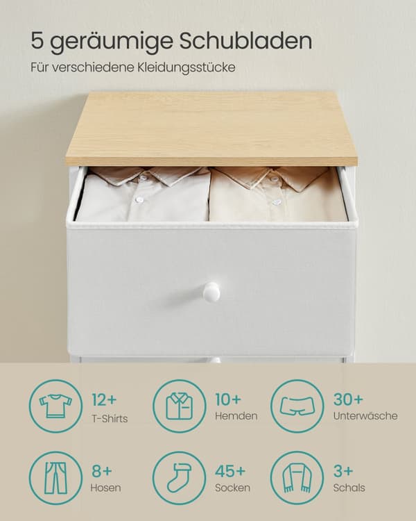 Kommode med 5 stofskuffer smal camel gul-creme hvid