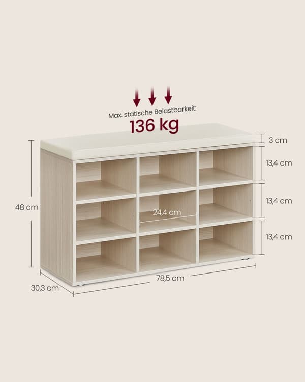 Kenkäpenkki, sisääntulokaappi, kenkävarasto, pehmustettu istuin ja 9 lokeroa, kenkäteline, kantavuus 136 kg, luonnonbeige
