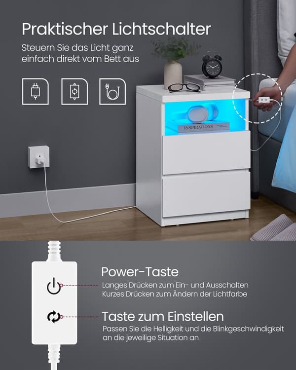 Sängskåp med justerbar LED-belysning molnvit