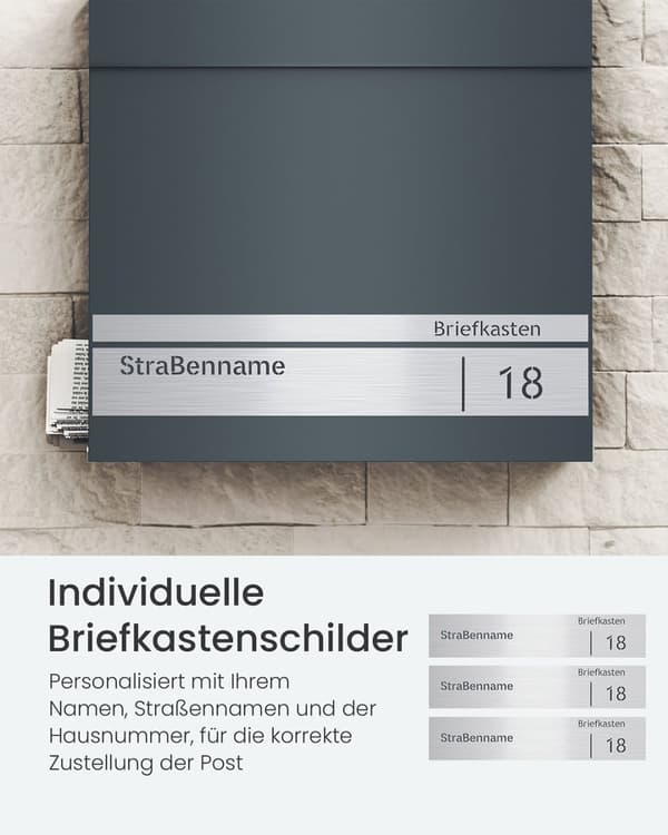 Brevkasse med navneskilt og lås 10,5 x 37 x 37 cm antracitgrå