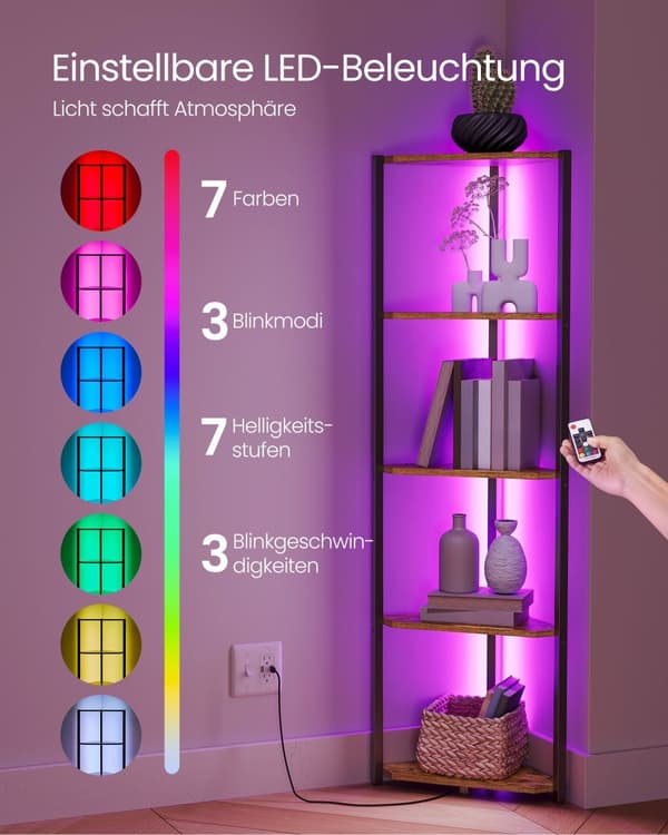 Kulmahylly, jossa on 5 tasoa ja LED-valaistus vintage ruskea
