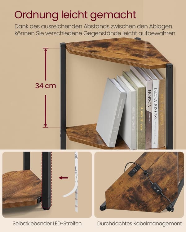 Kulmahylly, jossa on 5 tasoa ja LED-valaistus vintage ruskea
