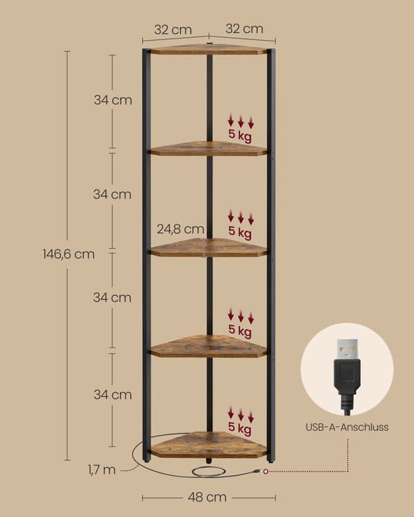 Kulmahylly, jossa on 5 tasoa ja LED-valaistus vintage ruskea