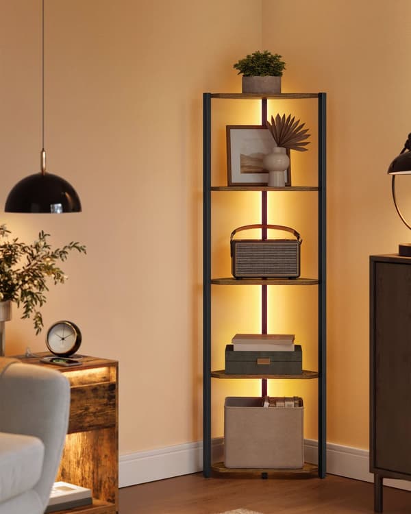 Kulmahylly, jossa on 5 tasoa ja LED-valaistus vintage ruskea