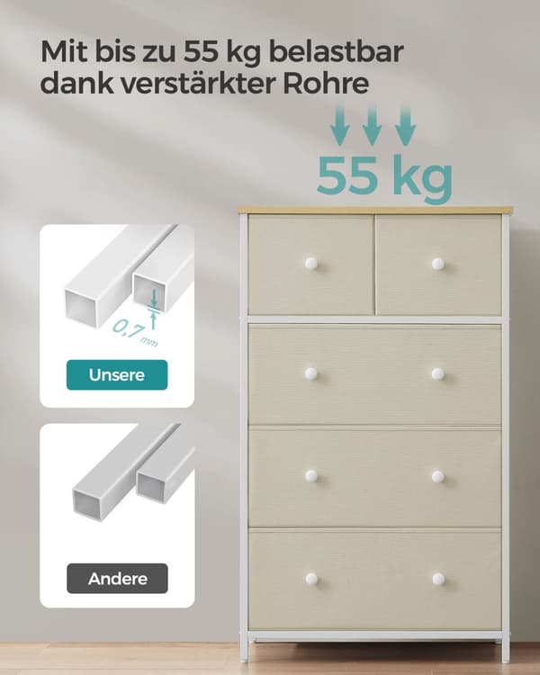 Kommode med 5 stofskuffer og metalramme camel gul-creme hvid