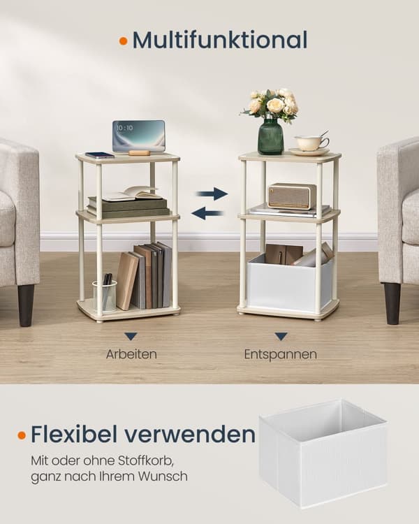 Sidebord, sengebord, endebord med 3 opbevaringshylder, stofkurv, til soveværelse, stue, stålramme, 30 x 34 x 58 cm, moderne, naturbeige