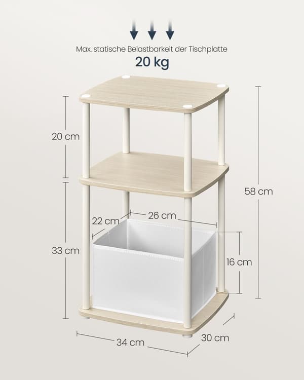 Sidebord, sengebord, endebord med 3 opbevaringshylder, stofkurv, til soveværelse, stue, stålramme, 30 x 34 x 58 cm, moderne, naturbeige