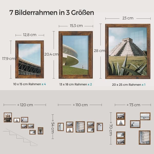 Billedramme sæt af 7 med non-marking vægkroge vintage brun