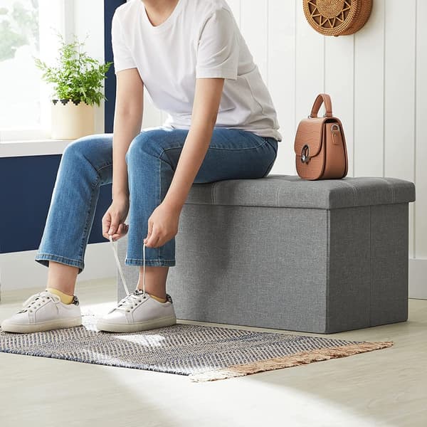 Bänk med förvaringsutrymme, kista, hopfällbar, 76 x 38 x 38 cm, linneöverdrag, för sovrum, hall, vardagsrum, ljusgrå