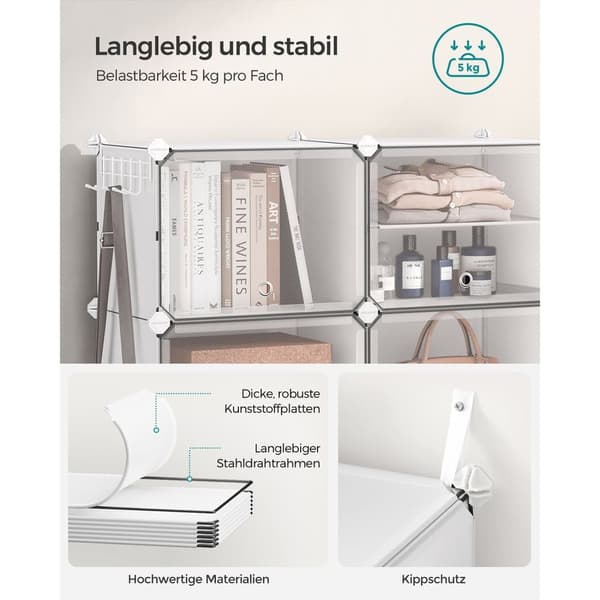 Förreglingsbart skoställsskåp, 6-facks modulär förvaringsenhet, 30 x 40 x 30 cm för varje fack, med dörrar, stålram, plastpaneler, vit