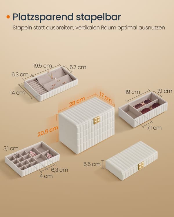 ANAH Collection - Stapelbart smyckeskrin med spegel, 4-stegs organisatör för förvaring av smycken, PU-yta med sömmar, flytande effekt, 17 x 28 x 20,5