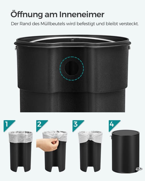 Badrumsbehållare, 3 liter toalettpedalbehållare, kosmetikbehållare med ABS-lock och innerhink i plast, stål LTB011B01