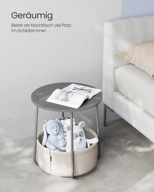 Petite Table Basse Ronde, Table d'Appoint avec Panier en Tissu, Rangement, pour Salon, Chambre, Table de Chevet, Style Moderne, Gris Ciment et Blanc