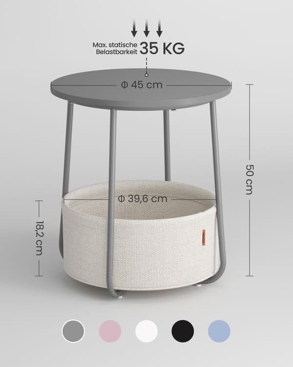 Petite Table Basse Ronde, Table d'Appoint avec Panier en Tissu, Rangement, pour Salon, Chambre, Table de Chevet, Style Moderne, Gris Ciment et Blanc