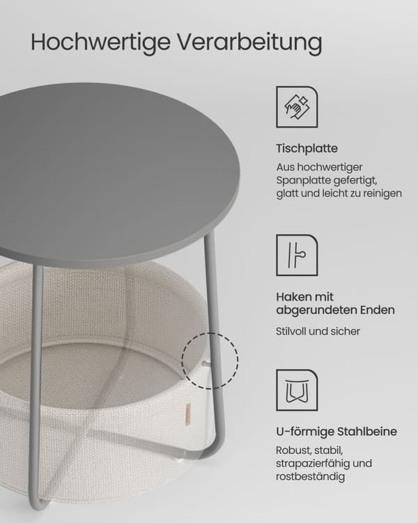 Petite Table Basse Ronde, Table d'Appoint avec Panier en Tissu, Rangement, pour Salon, Chambre, Table de Chevet, Style Moderne, Gris Ciment et Blanc