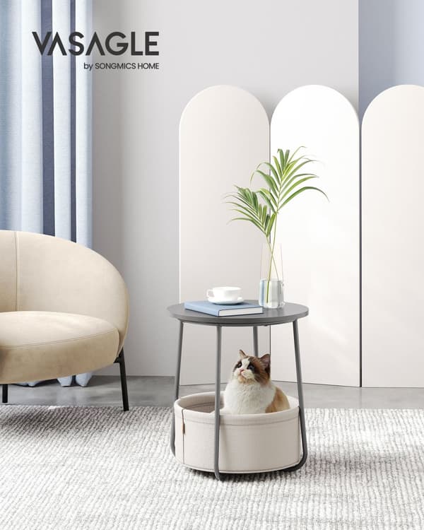 Petite Table Basse Ronde, Table d'Appoint avec Panier en Tissu, Rangement, pour Salon, Chambre, Table de Chevet, Style Moderne, Gris Ciment et Blanc