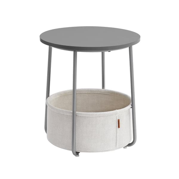 Petite Table Basse Ronde, Table d'Appoint avec Panier en Tissu, Rangement, pour Salon, Chambre, Table de Chevet, Style Moderne, Gris Ciment et Blanc