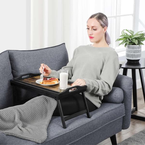 Bäddbord med hopfällbara ben i bambu, frukostbricka för soffa, säng, serveringsbricka med spår för telefon, surfplatta, laptop, rustikt brunt