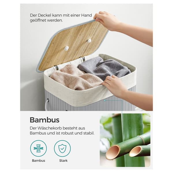 Rektangulær vasketøjskurv, bambusvasketøjskurv med 3 håndtag, 40 x 30 x 60 cm, grå