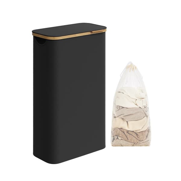 Tvättkorg med lock, Slim tvättkorg, 65L, platsbesparande, avtagbart nätfoder, Oxford-tyg, bambuhandtag, hopfällbar, 42 x 22,5 x 70,5 cm, bläcksvart L