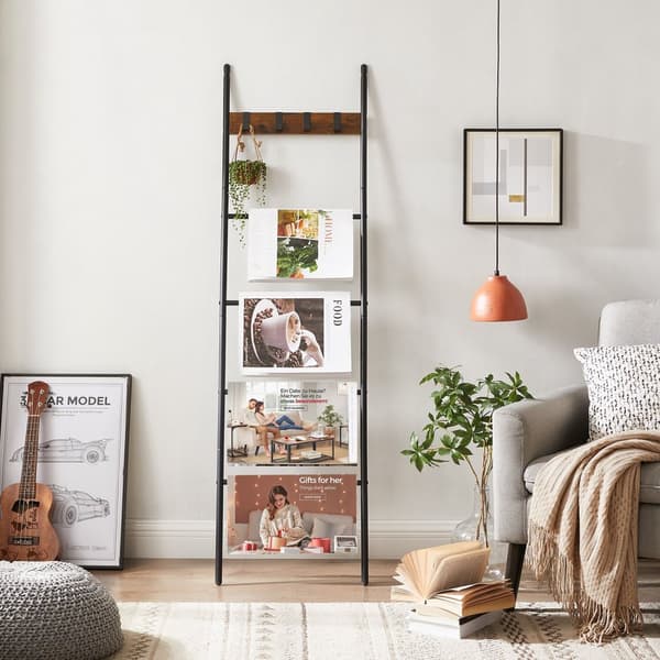 Handdukshylla med 5 nivåer 44 x 160 cm Platsbesparande metallram 4 krokar Industriell stil Vintage Brun/Svart